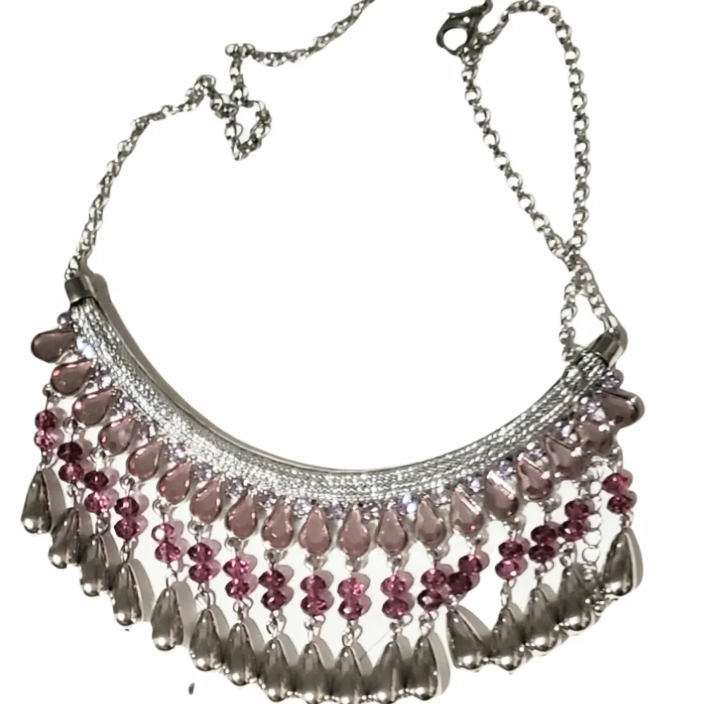 Big Bold Beautiful Pink Crystal Rhinestones Silver Teardrops Statement Necklace